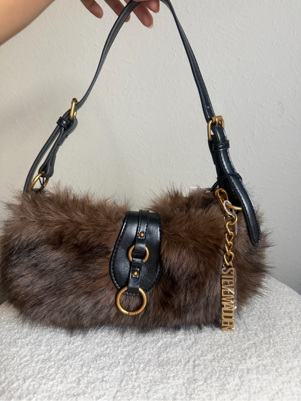 Faux Fur Shoulder Bag with Leather Trim - Brown